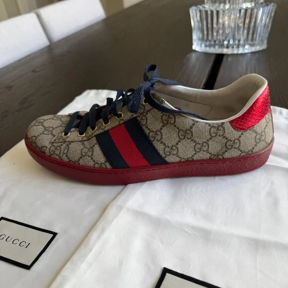 Gucci Ace GG Supreme Sneakers Men’s Size 8.5 Beige Red Blue Stripe - Picture 8 of 10